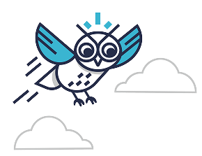 An illustrated owl flying in the clouds